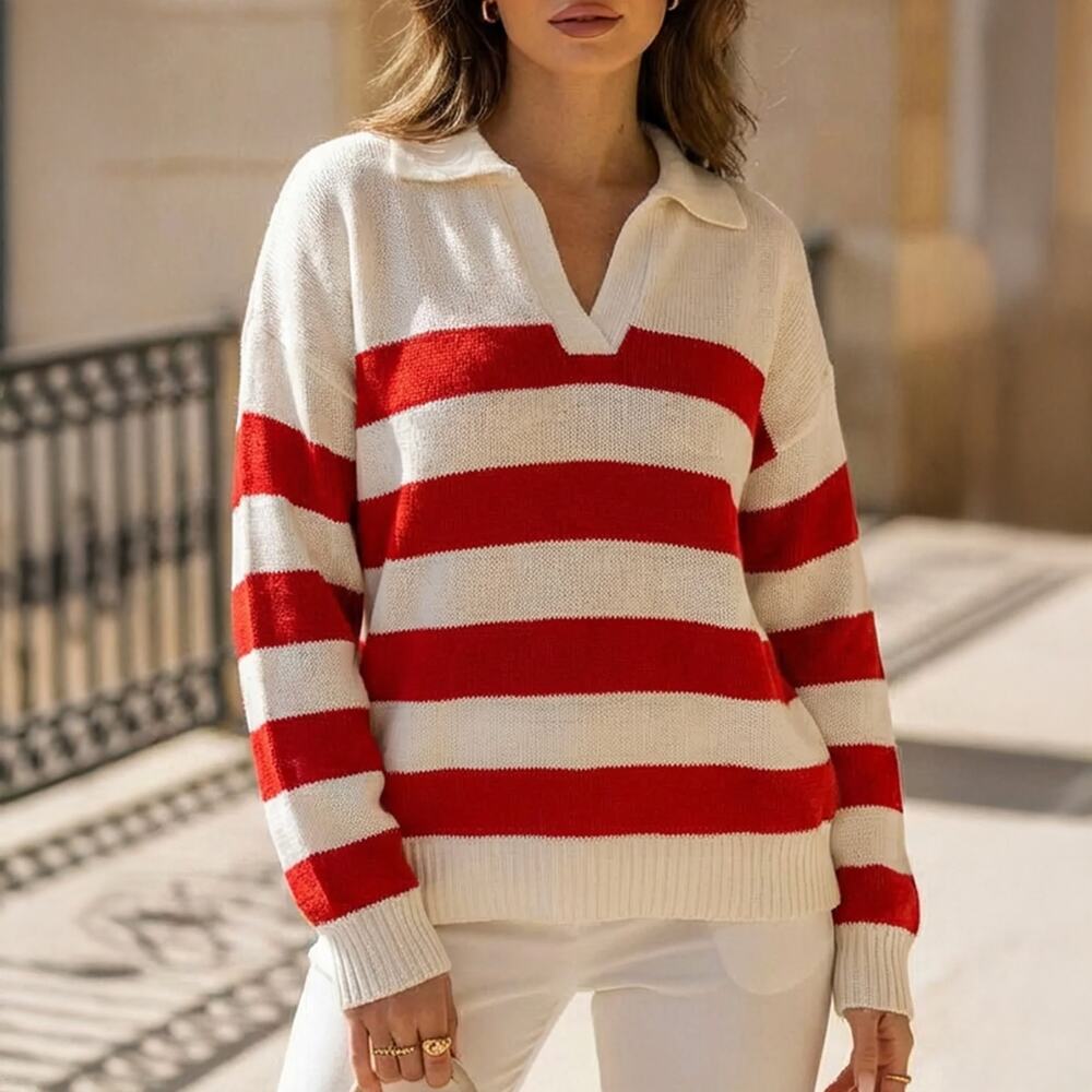 Lyra & Co Red Cream Striped Collared Sweater Size S